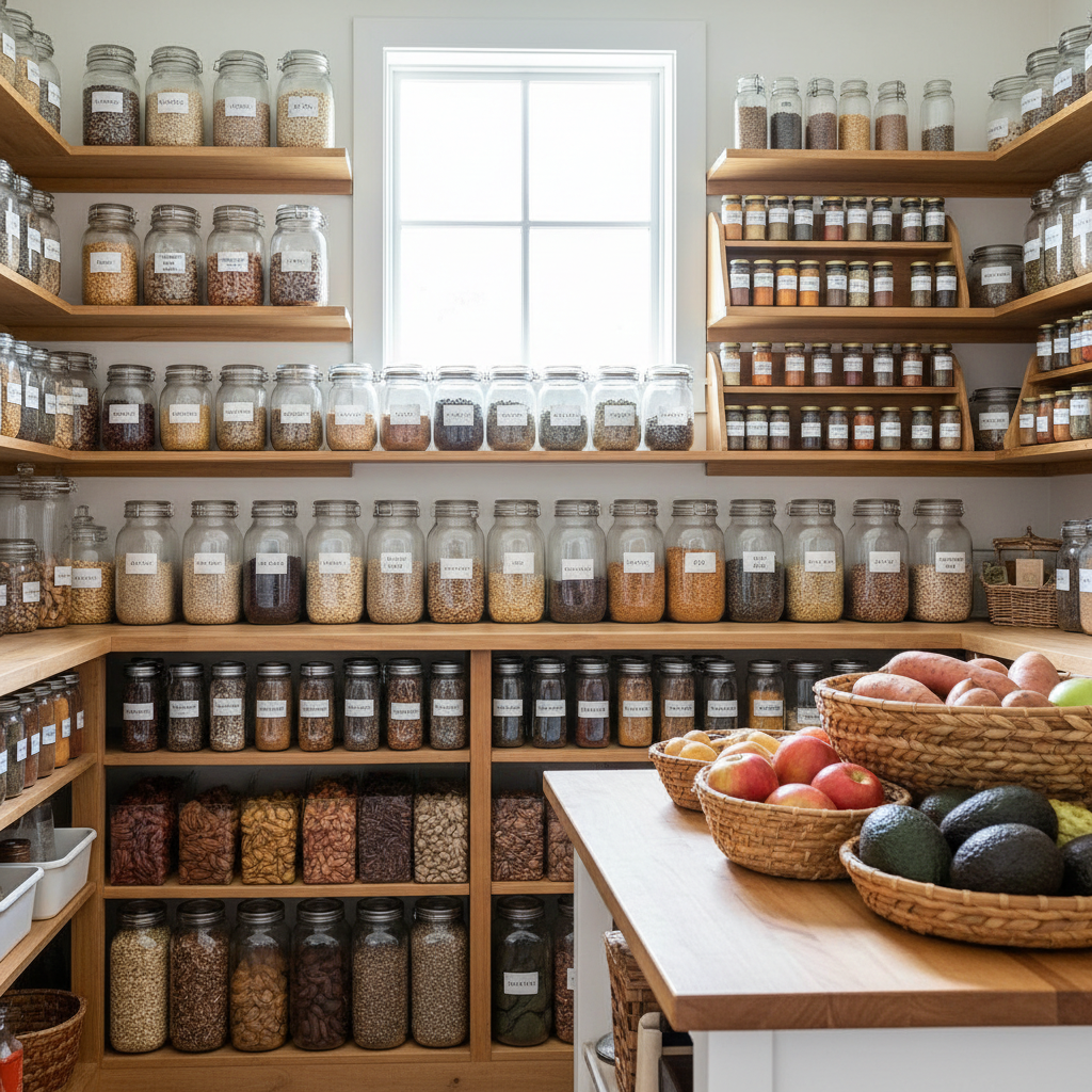 a well stocked clean eats pantry, neatly organized with healthy foods, whole grains, nuts, seeds, and jars of spices